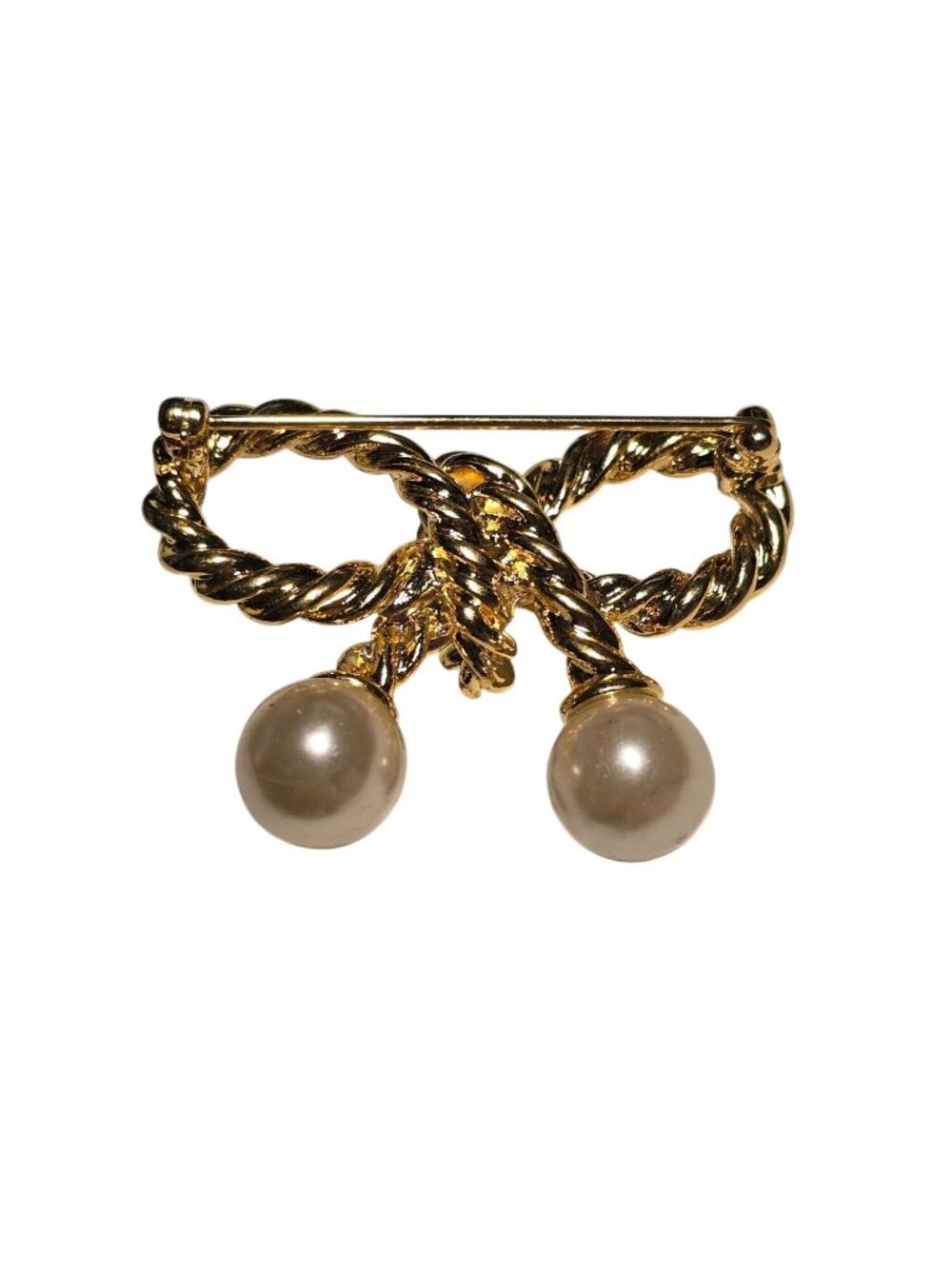 Vintage 1990s Twisted Rope Bow Big Pearl Bottom Lady Like Bright Goldtone Brooch - Picture 2 of 2